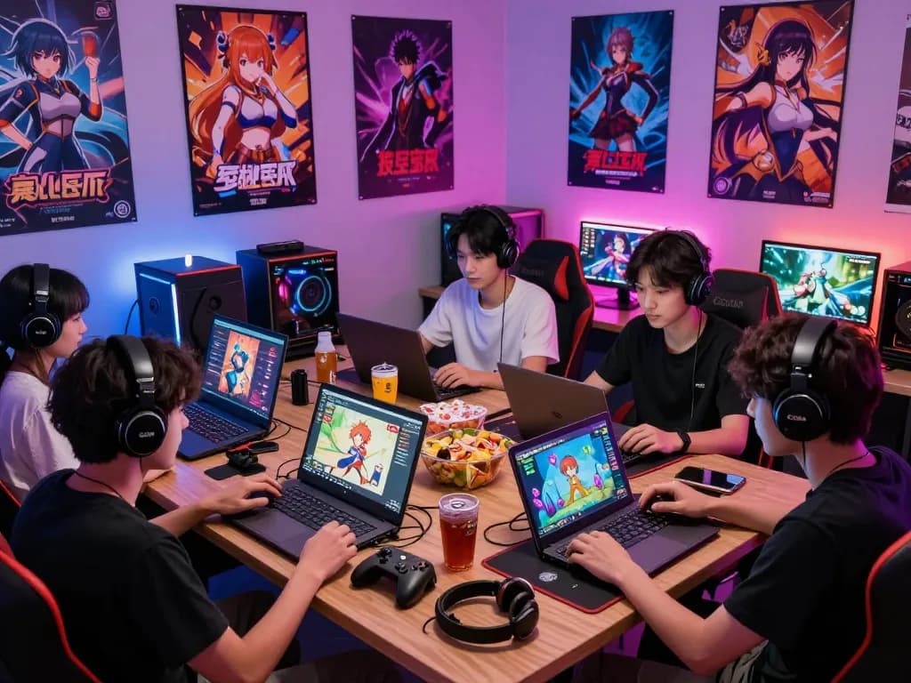 Players enjoying online porn games in an interactive gaming lounge with vibrant colors and devices.