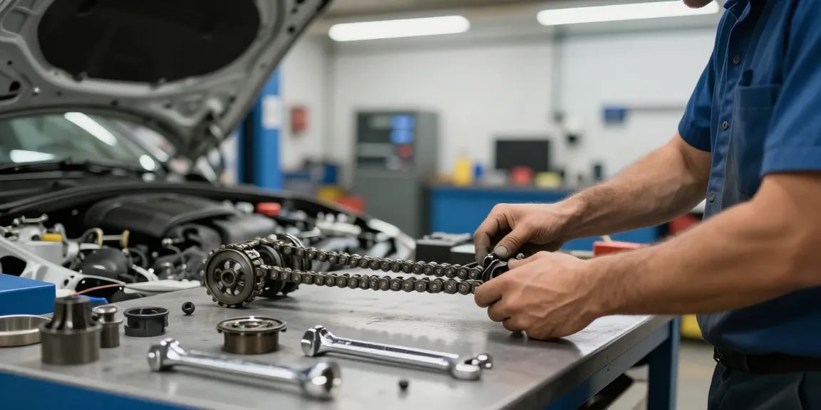 bmw steuerkette wechseln in einer gut ausgestatteten Werkstatt, Mechaniker arbeitet sorgfältig an einem BMW Motor