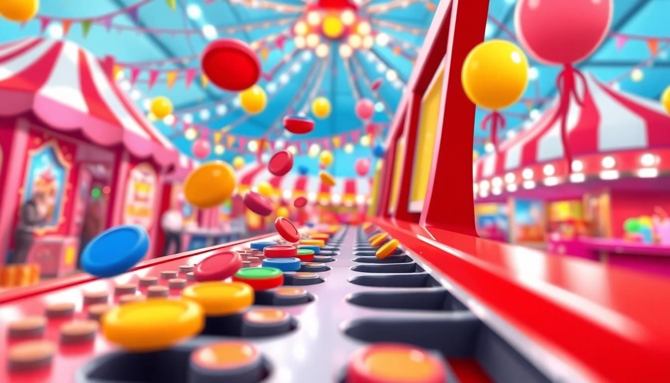Mainkan plinko demo dengan koin berwarna yang jatuh ke slot bawahan di latar belakang karnaval.