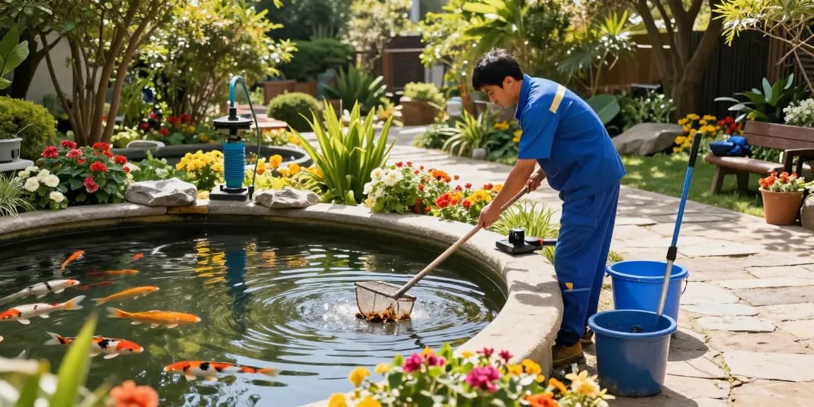 Pond Cleaning Surrey: Technician performing pond maintenance in a tranquil garden setting with vibrant flora.
