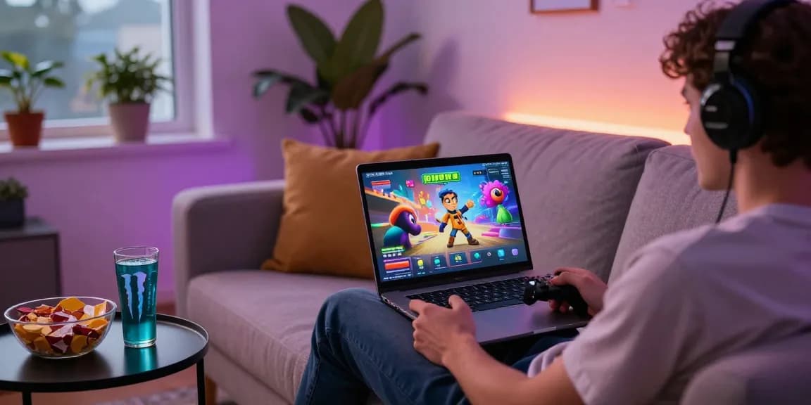 Engaging scene of a player enjoying an adult game on a laptop, cozy atmosphere with vibrant visuals.
