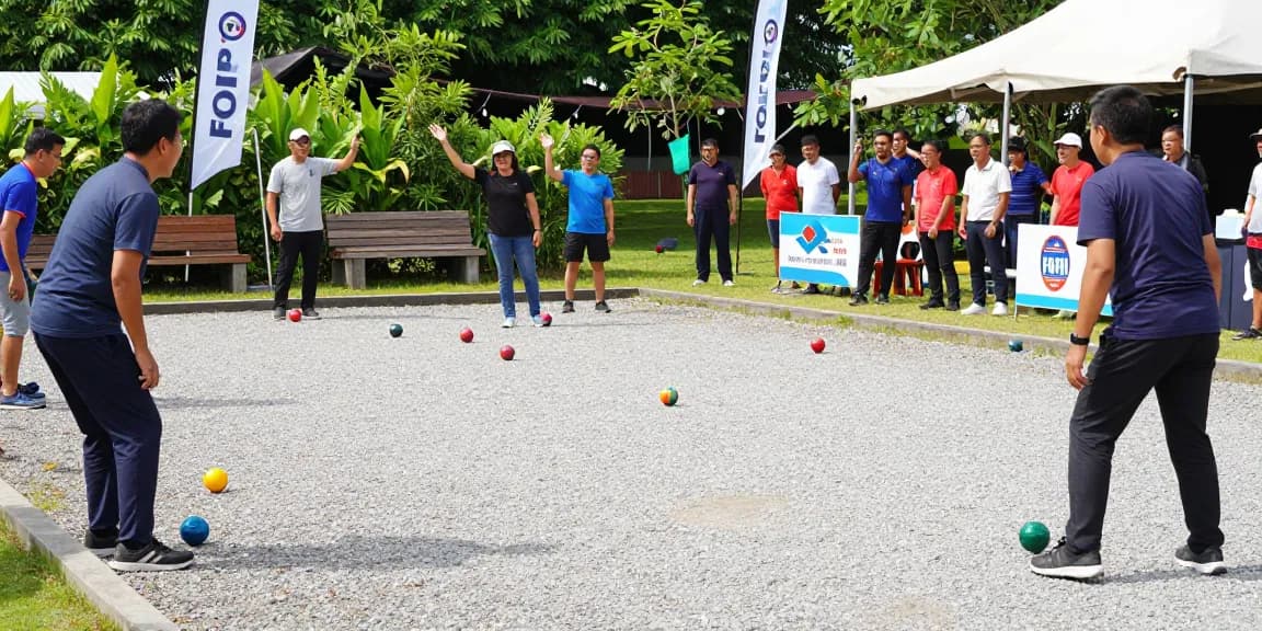 Aktivitas pemain petanque di fopikotatomohon.org, dengan bola-bola berwarna cerah di lapangan terbuka.