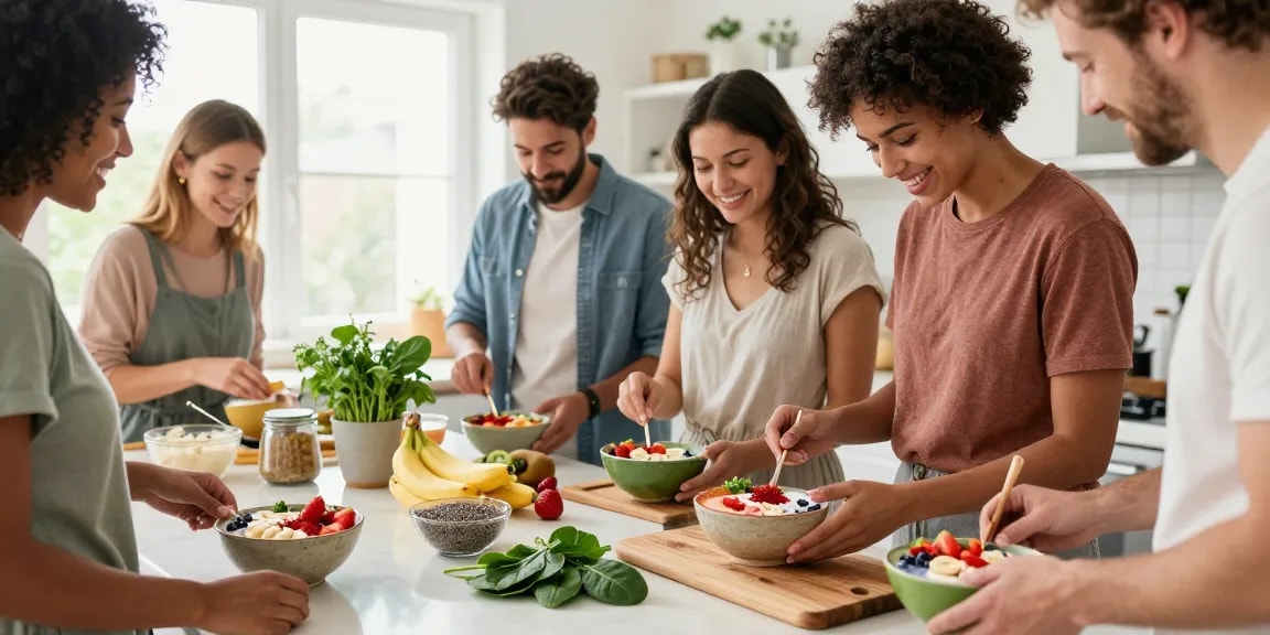 Friends creating a healthy smoothie bowl with vegan astaxanthin in a bright kitchen