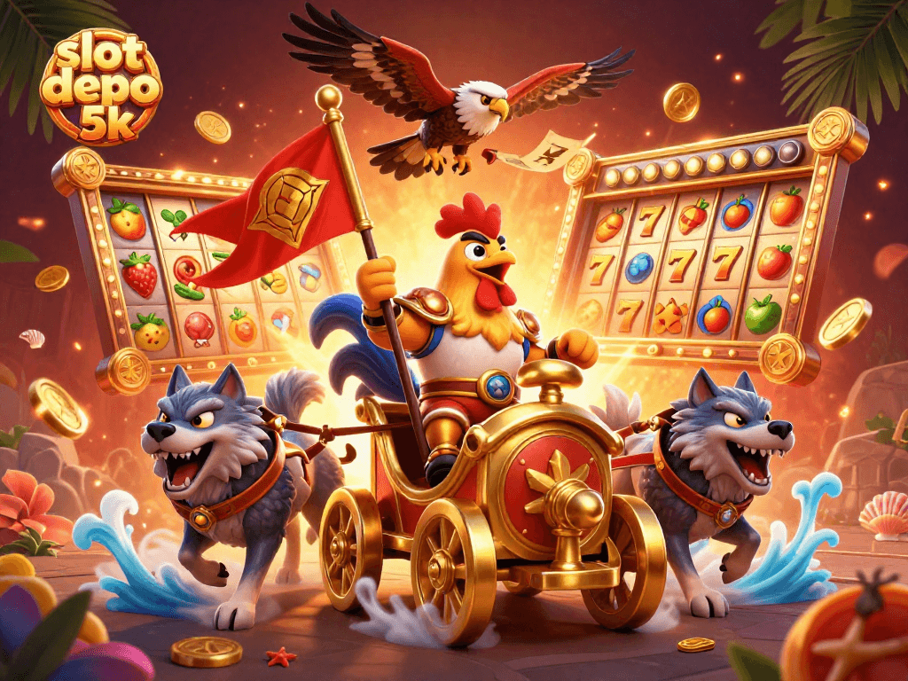 Spin and win with slot depo 5k in an exciting 3D casino illustration filled with vibrant symbols!