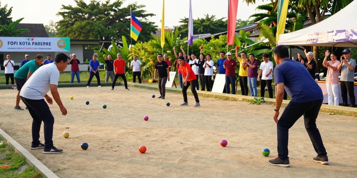 Suasana lapangan petanque di fopikotaparepare.org dengan pemain yang antusias dan suasana ceria.