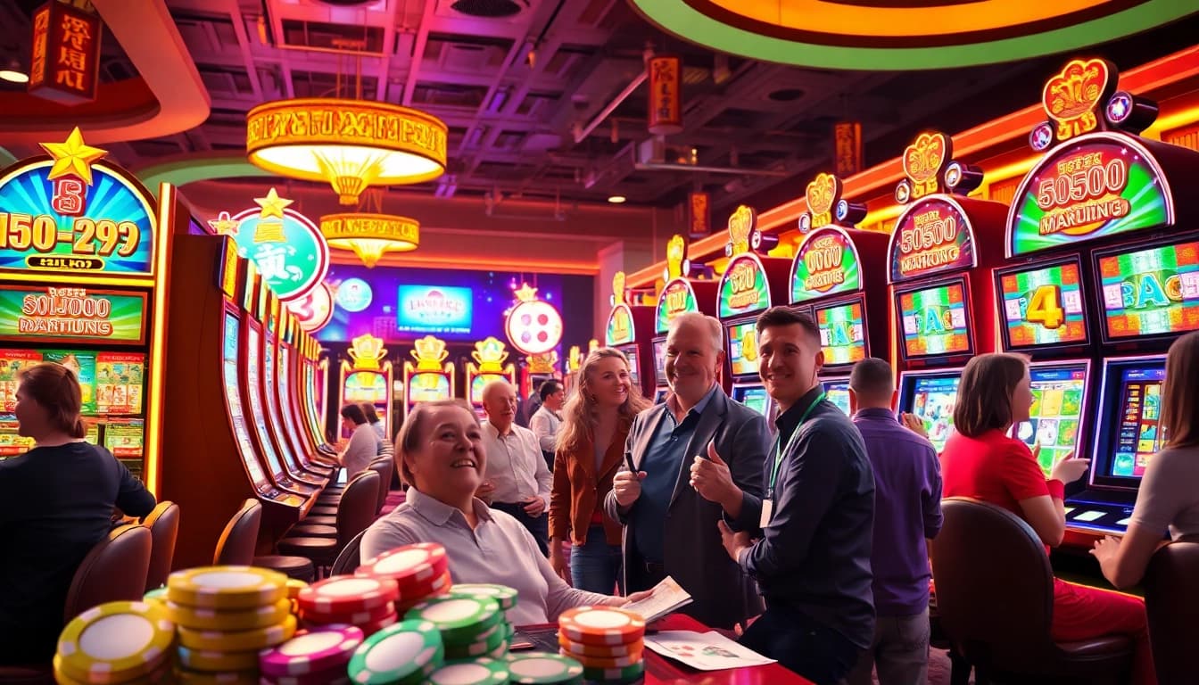 Experience the thrill of a mahjong slot demo with vibrant colors and exciting gameplay at a lively casino.