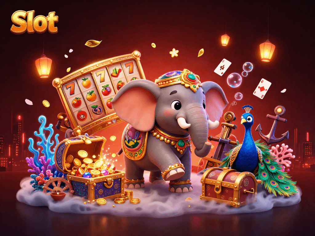 Spin the Slot reels with vibrant symbols, as the colorful elephant and peacock celebrate.