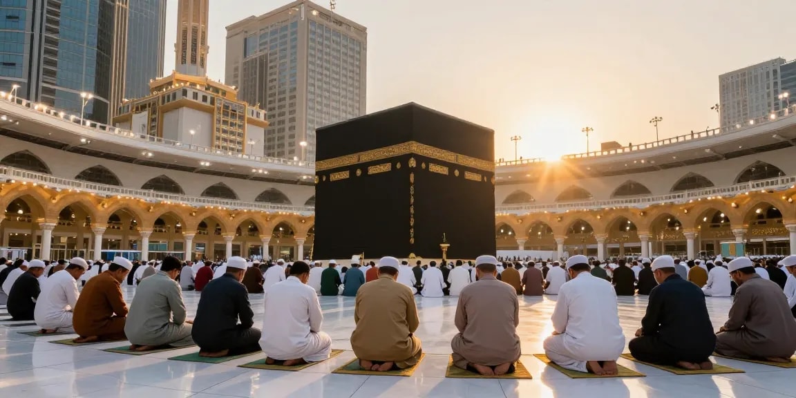 Umroh Ramadhan experience at Masjidil Haram, vibrant pilgrimage scene with travelers, spiritual tourism moment.