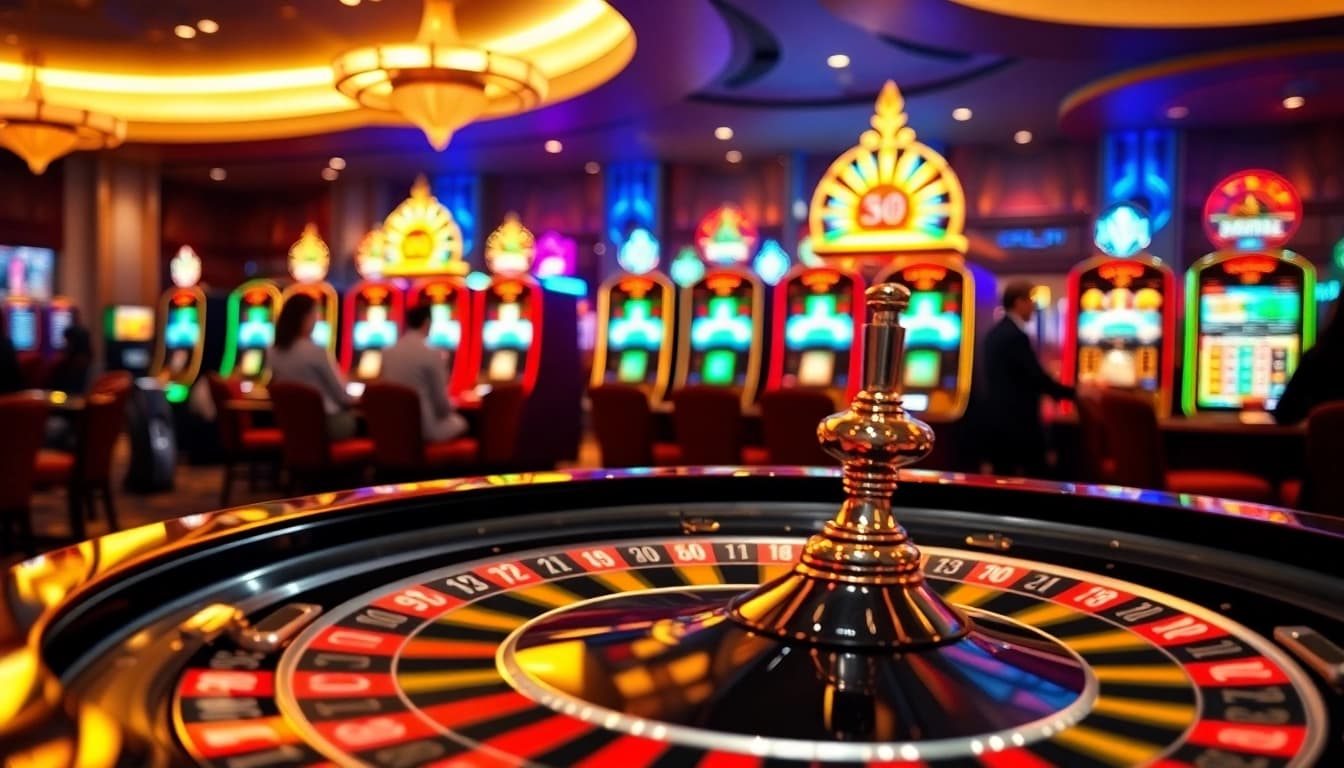 Casino bonus ohne einzahlung neu: Roulette table with vibrant slot machines in an elegant casino atmosphere.
