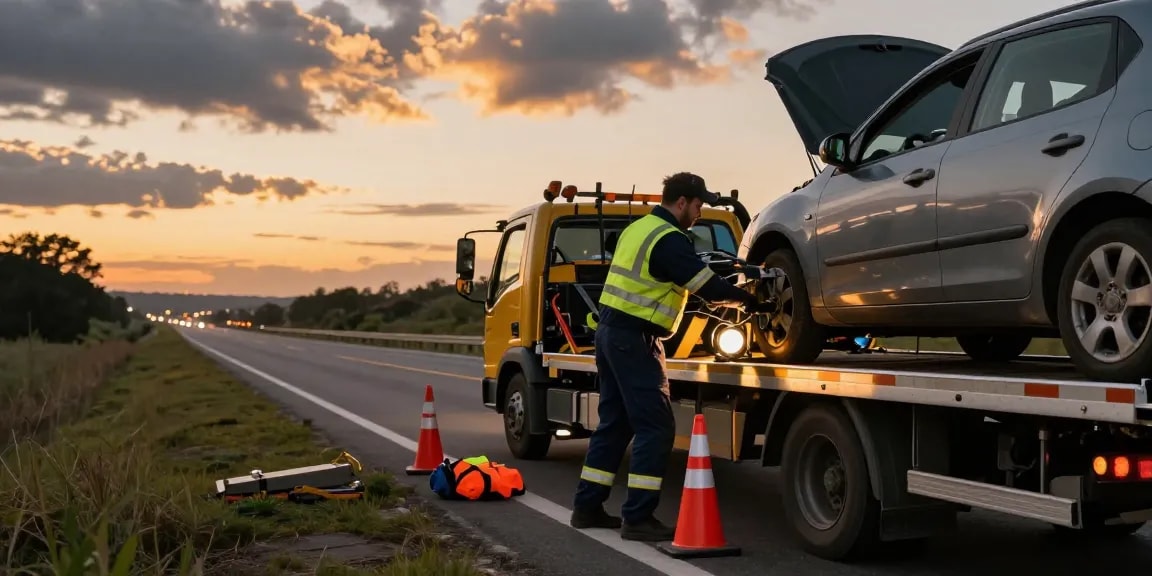 Emergency towing near me with professional assistance in a roadside scene.