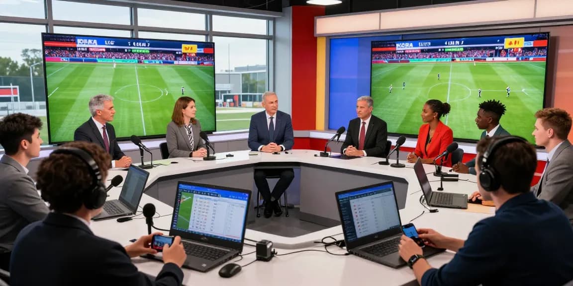 Kora live sports broadcast scene with diverse analysts discussing football matches and player highlights.