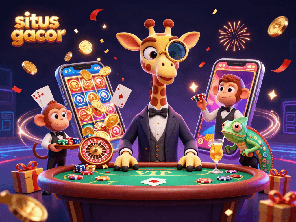 Situs gacor showcases a high-roller giraffe at a vibrant casino scene with poker and slots.