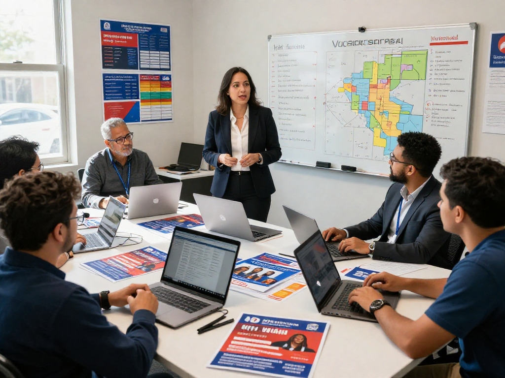 Engaged political team collaborating on predictive dialer political strategies in a vibrant office setting.
