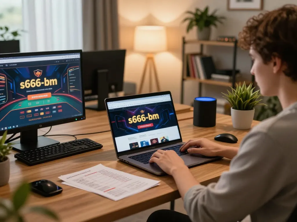 Player engaging in online gambling on s666-bm, showcasing a cozy home gaming setup and strategic notes.