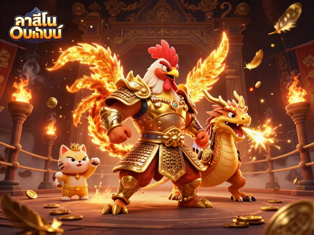 คาสิโนออนไลน์เต็มไปด้วยนักรบไก่สู้และมังกรไฟ พร้อมเหรียญทองและเกมส์มากมาย