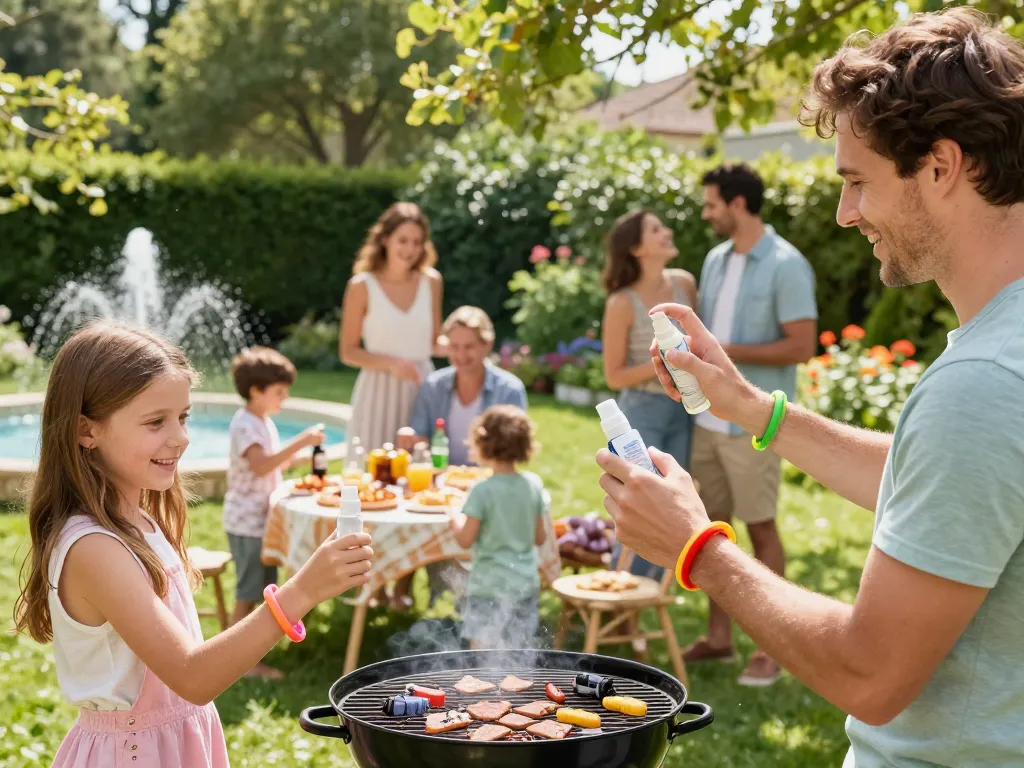 Family applying mosquito repellent during a summer barbecue in a vibrant garden setting, enjoying an insect-free gathering.