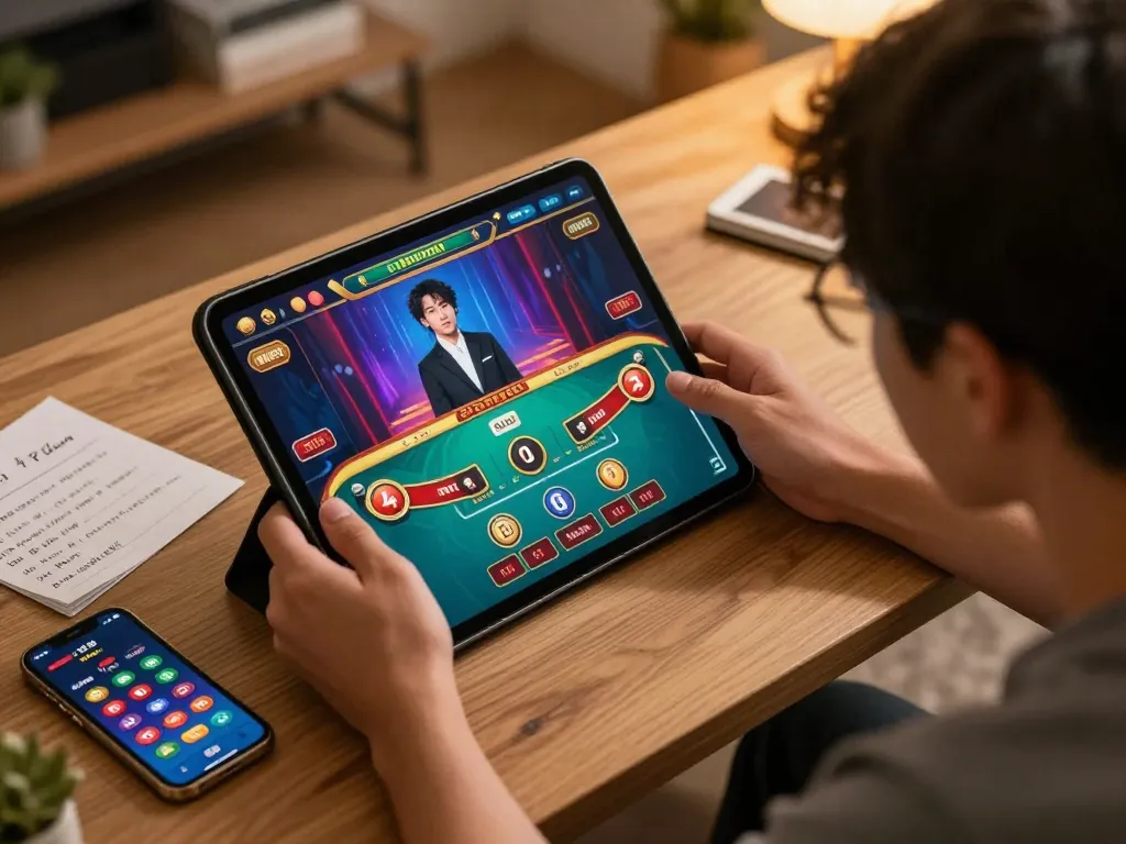 Engaged user playing tt88 live dealer game on tablet with thrilling interface and strategic notes.