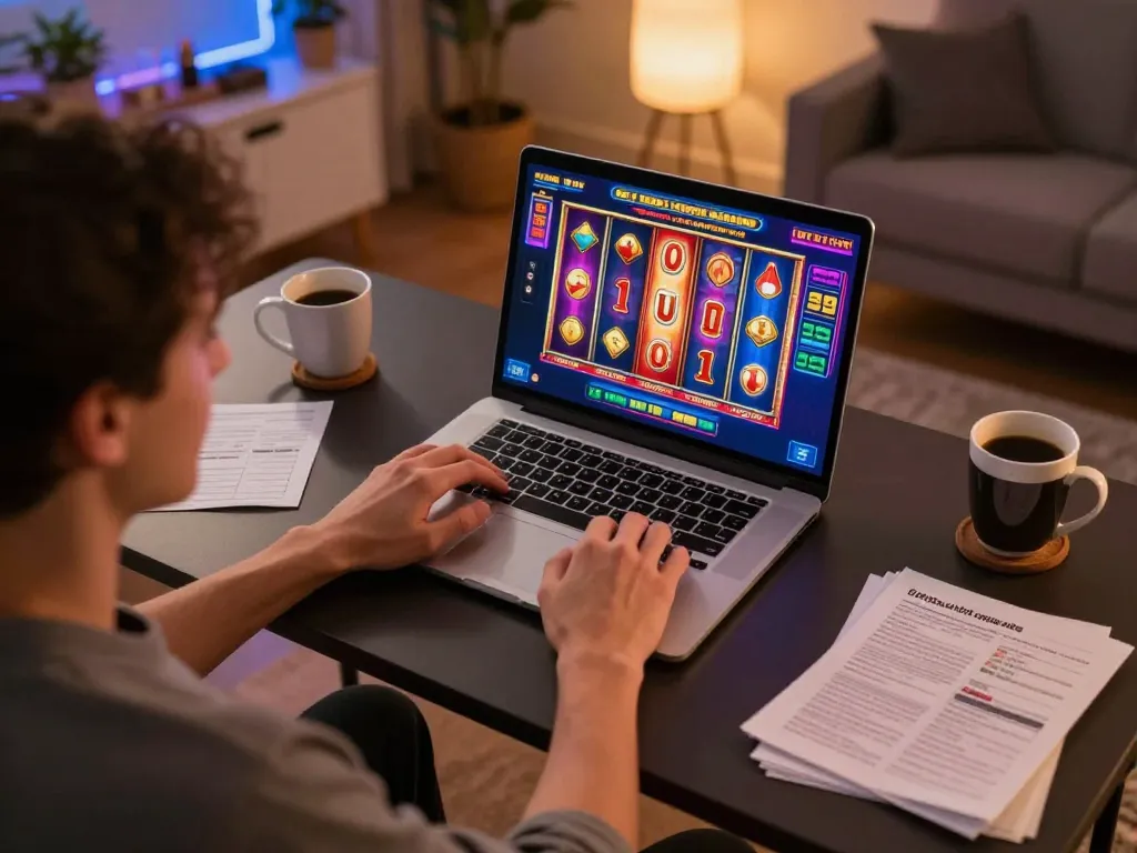Engaged player winning on slot server thailand gacor in a cozy home office.