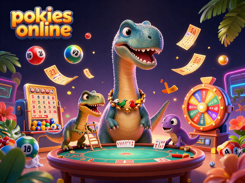 Engage with pokies online in a vibrant casino scene filled with dynamic elements and characters.