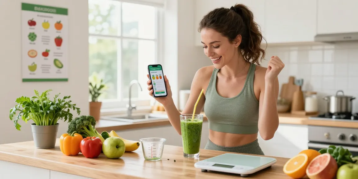 Woman making a smoothie with the best nutrition tracking app visible on her smartphone in a bright kitchen.