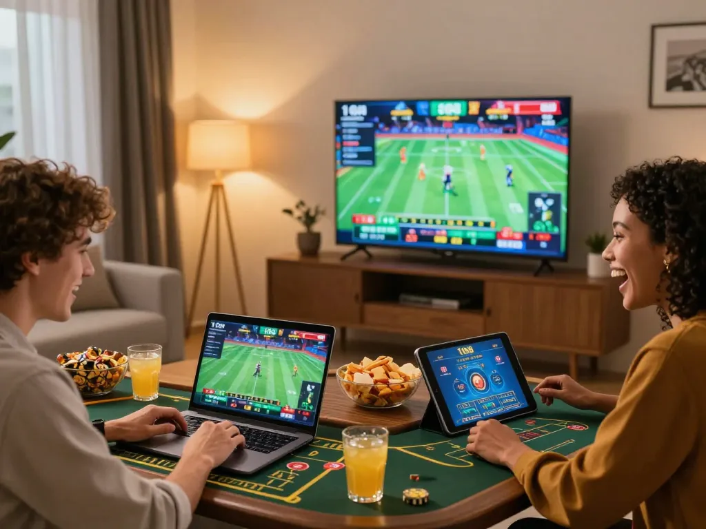 Players enjoying the C168 online gambling platform with sports betting and live casino games in a cozy home setting.
