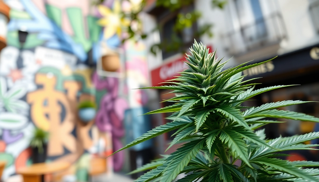 Apprenez sur CBD Madrid grâce à des plantes de cannabis dans une ambiance urbaine dynamique.