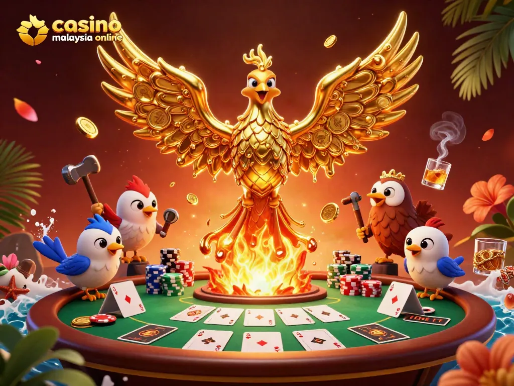 Experience casino malaysia online with a molten phoenix and poker elements in an engaging 3D scene.