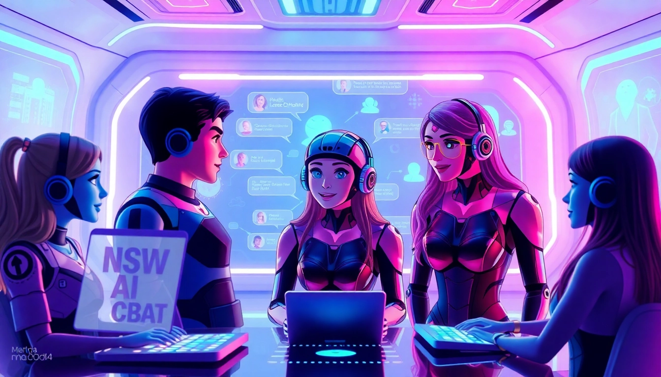 Explore dynamic interactions with the best nsfw ai chatbots in a futuristic digital environment, highlighting engaging AI character conversations.