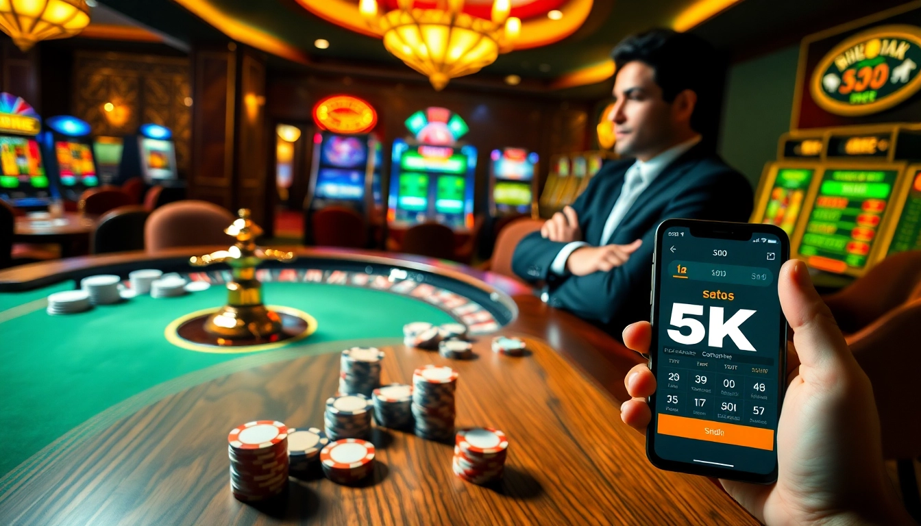 Adegan kasino yang hidup menampilkan permainan situs deposit 5k dengan aksi poker dan roulette.