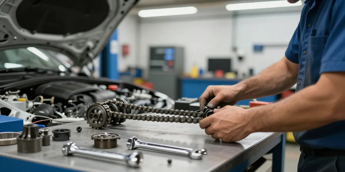 bmw steuerkette wechseln in einer gut ausgestatteten Werkstatt, Mechaniker arbeitet sorgfältig an einem BMW Motor