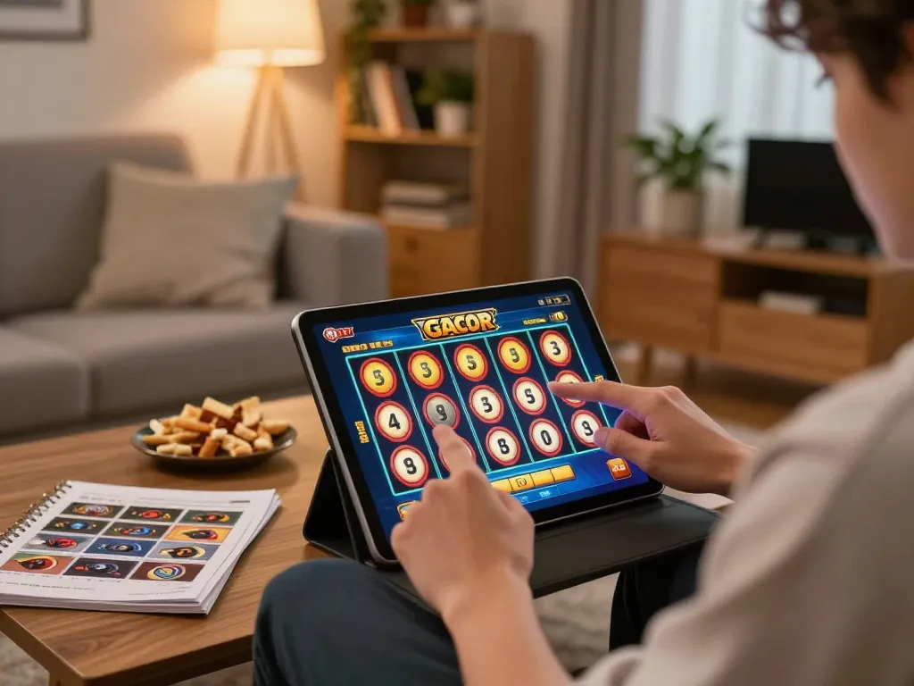 Pemain yang terlibat menikmati permainan slot gacor di tablet di lingkungan rumah yang nyaman