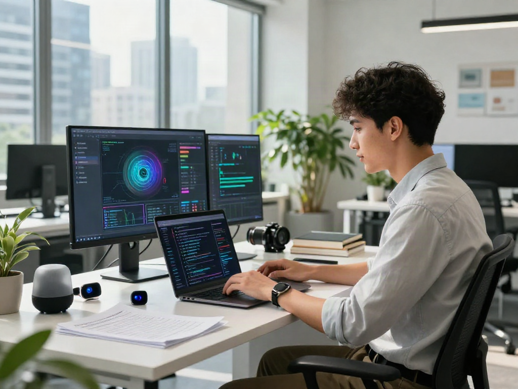 Young professional exploring 18+ ai innovations in a bright tech workspace.