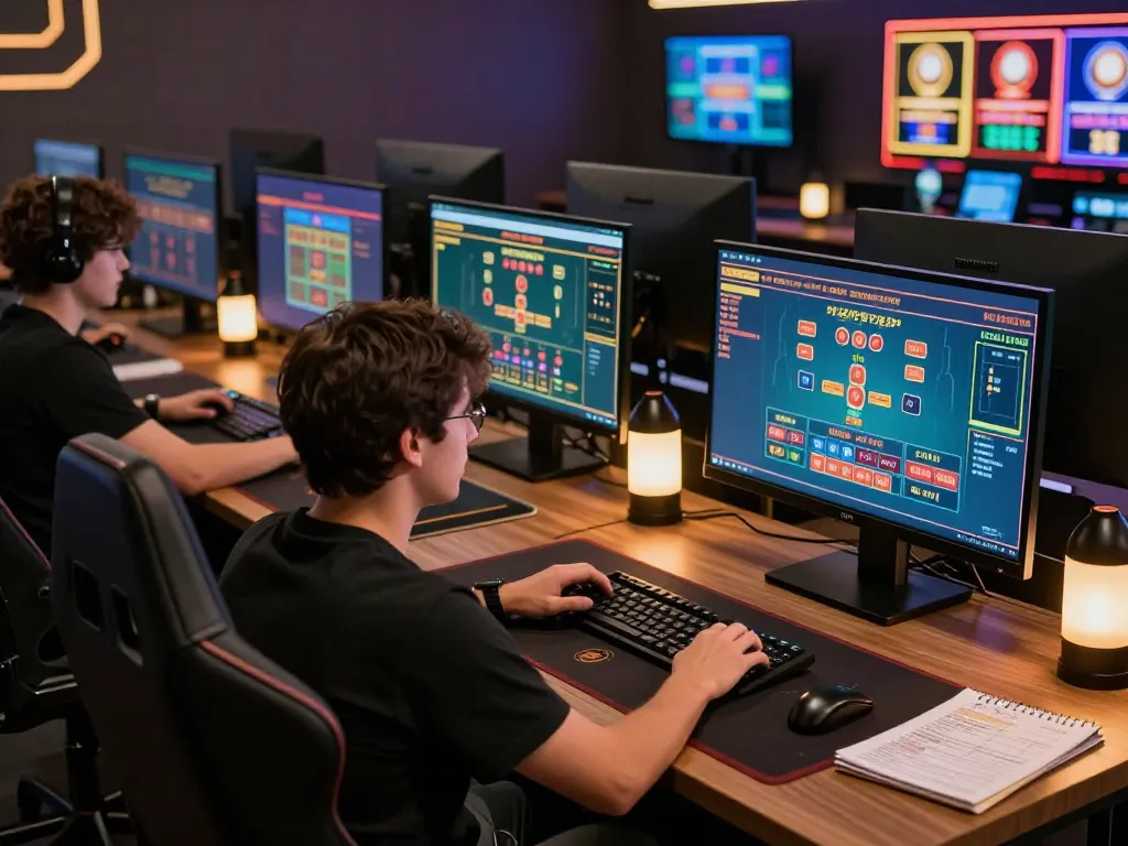 Kubet player analyzing strategy at advanced online gaming setup with multiple screens and ambient lighting