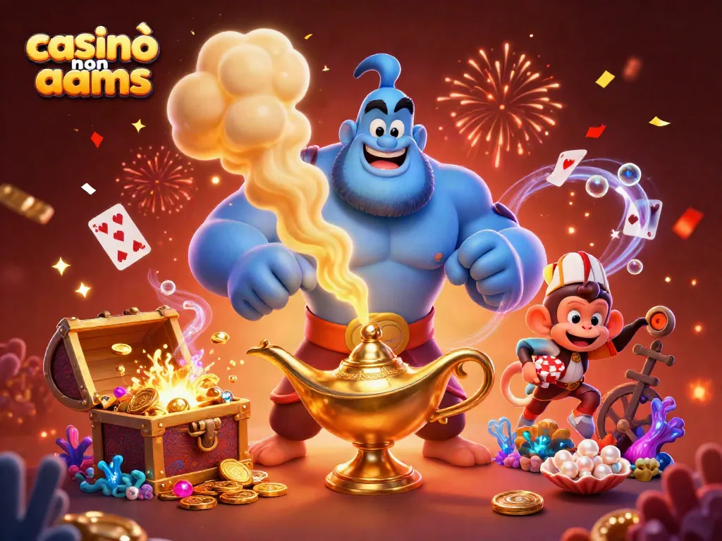 Scopri i casinò non aams con un'illustrazione vivace di un genio e un tappeto magico.