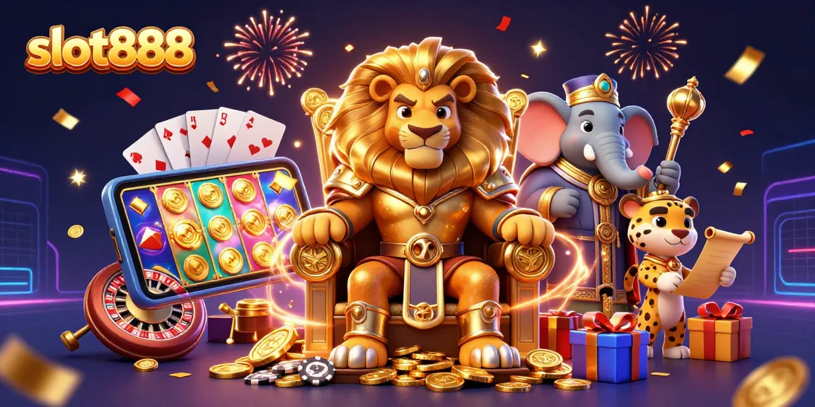 Mainkan slot888 dengan kemenangan menarik di ilustrasi kasino dengan raja singa dan elemen permainan.