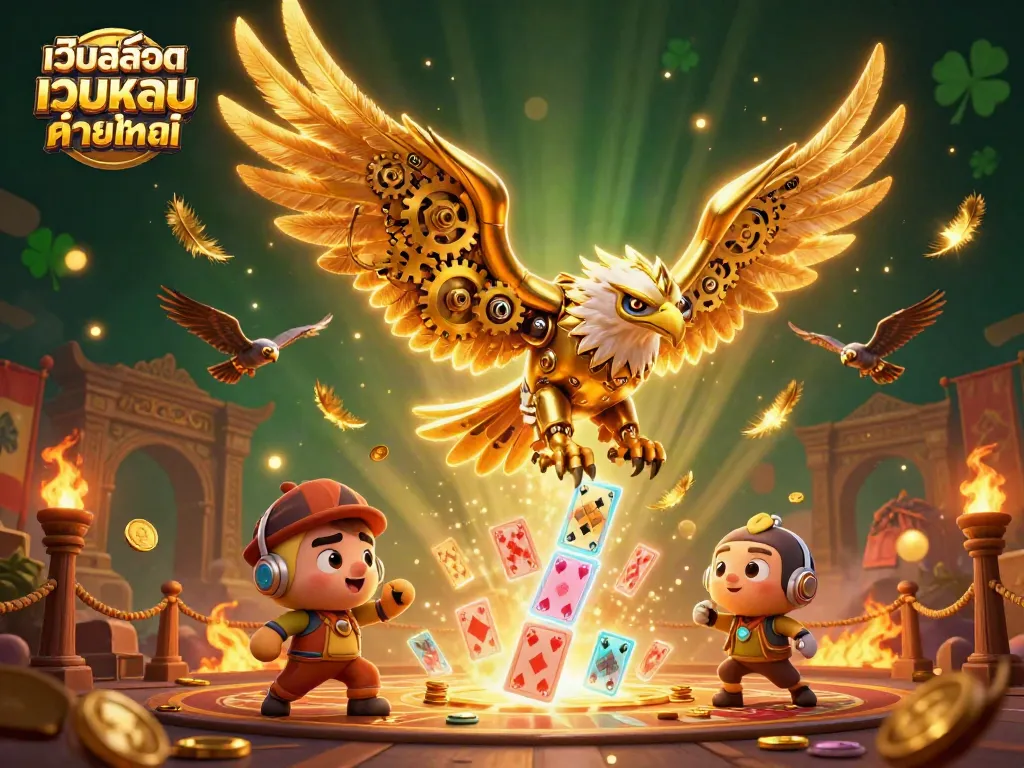 เล่นเกม เว็บสล็อตเว็บตรง ค่ายใหญ่ พร้อมกับนกอินทรีทองคำและการ์ดพนันที่ลอยอยู่