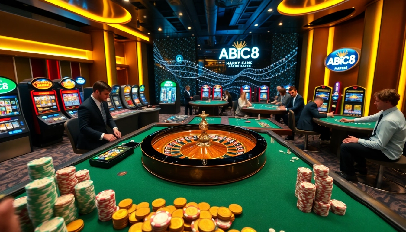 Exciting casino gameplay at ABC8 featuring a roulette wheel and colorful poker chips.