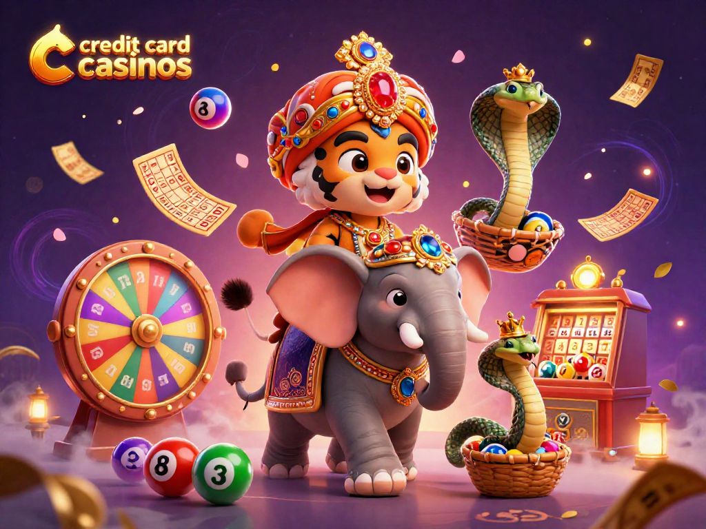 Engage with credit card casinos illustrated by a 3D maharaja tiger and jewel-encrusted elephant.