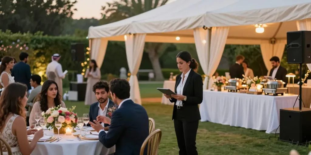 Outdoor event setup showcasing premium event rental ksa with marquee, decorated tables, and guests enjoying the ambiance.