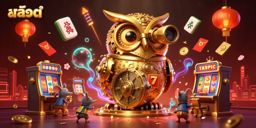 Experience สล็อต excitement with an owl scanning bustling casino action amidst golden coins and slot machines.