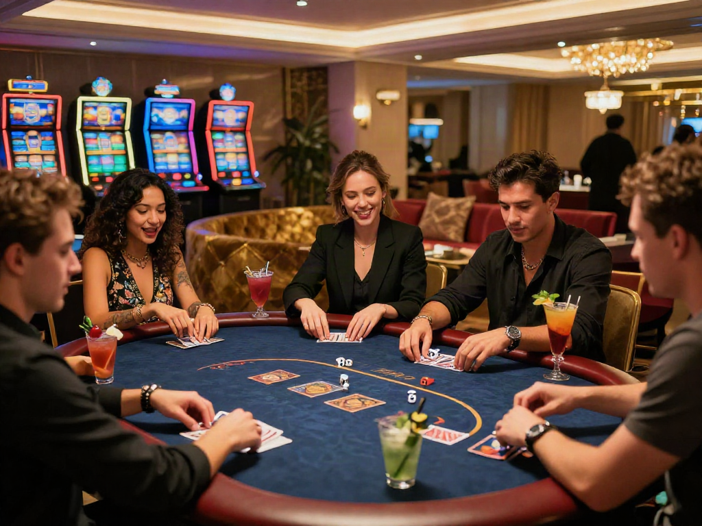 Exciting gaming scene at rokok88 casino, friends enjoying poker night with cocktails and vibrant atmosphere.