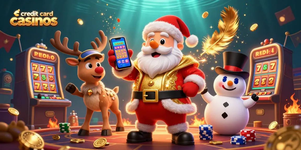 Experience exciting gameplay at credit card casinos with Santa, his reindeer, and snowman in a bustling casino scene.