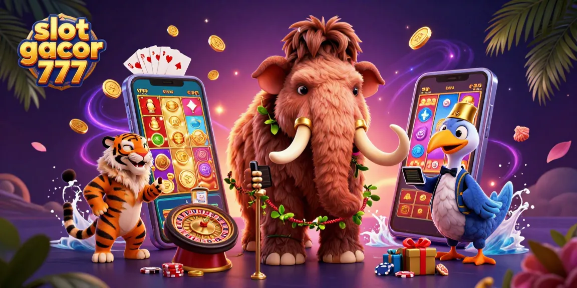Memenangkan slot gacor 777 dengan kasino bergaya, dikelilingi uang emas dan elemen permainan.