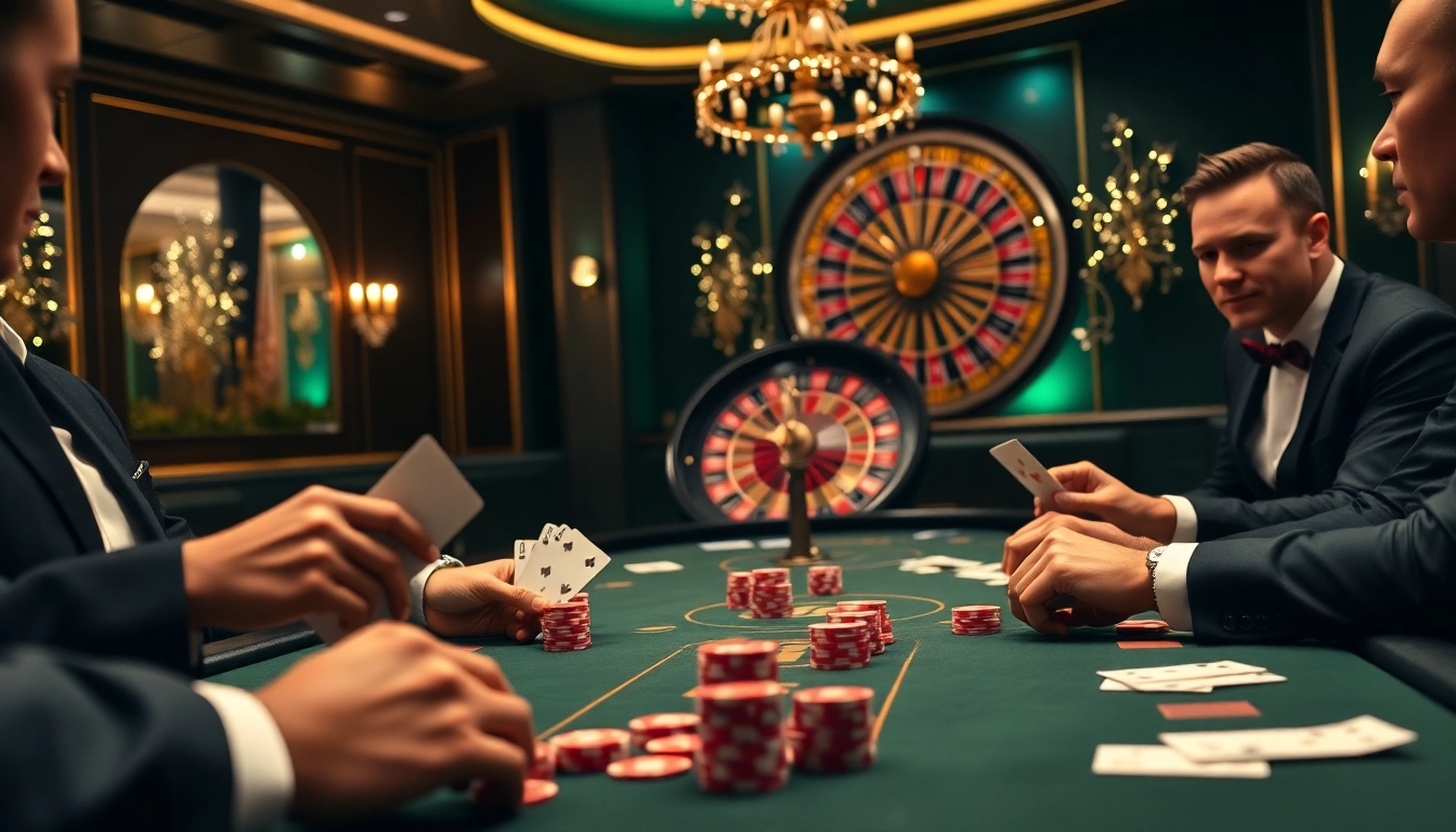Action de poker captivante sur un site de casino en ligne avec un décor luxueux et des jetons vibrants.