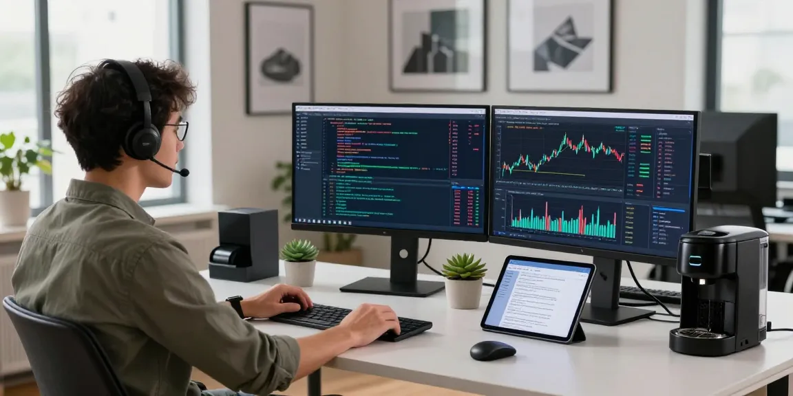 Developer utilizing index WebSocket streaming API in a modern tech workspace with vibrant market data displays.