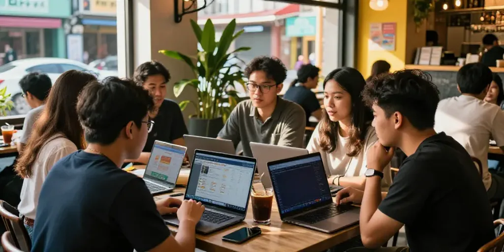 Friends discussing Situs togel in a lively café, engaging with laptops and betting platforms.