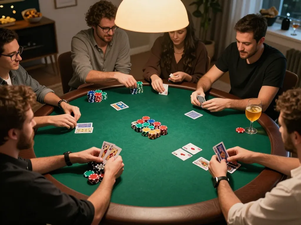 Players enjoying poker night with strategic gameplay and colorful chips at 58win.