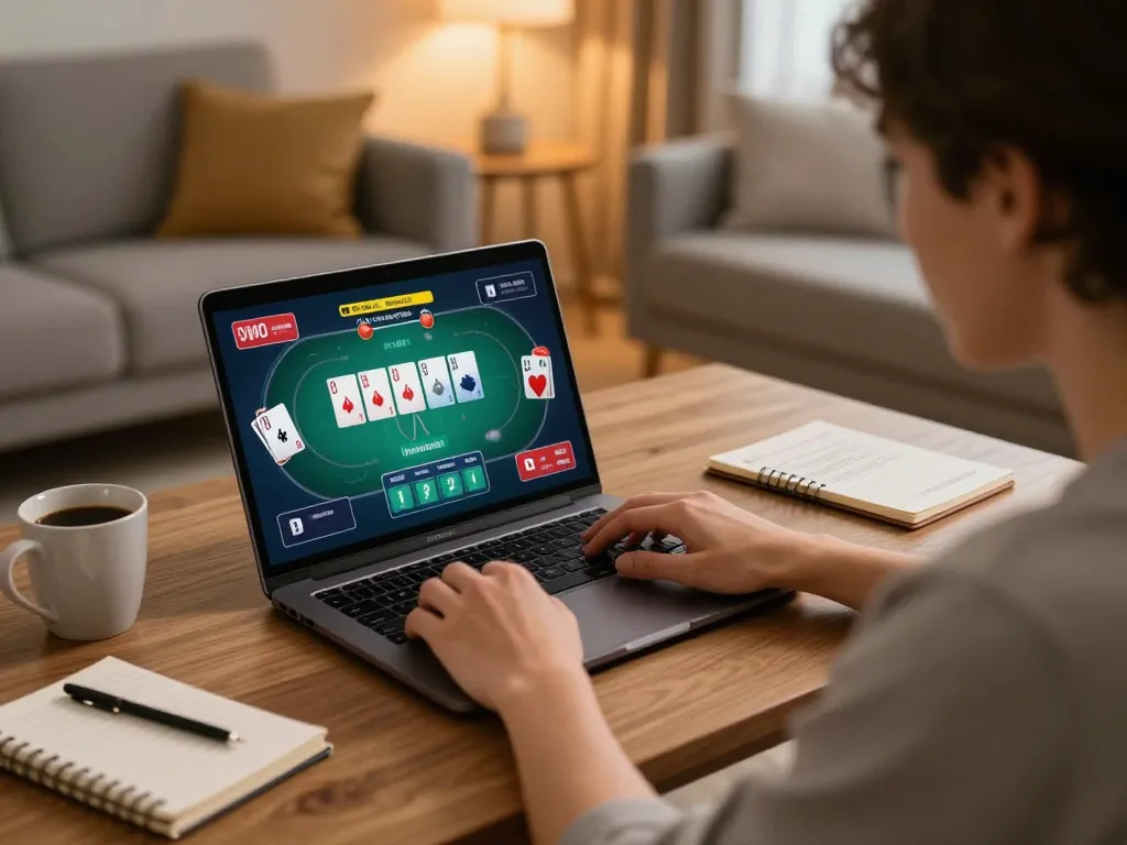 Engaged player analyzing qq88 strategies during online poker session in a cozy home.