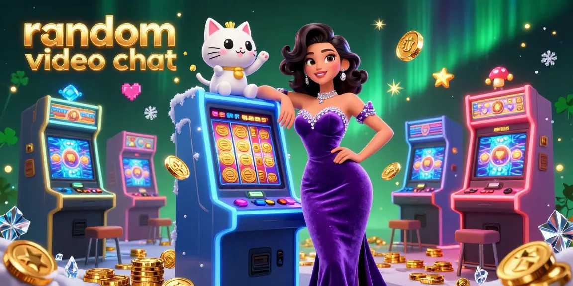 Engage in a random video chat surrounded by colorful gaming elements and a jackpot-winning atmosphere.