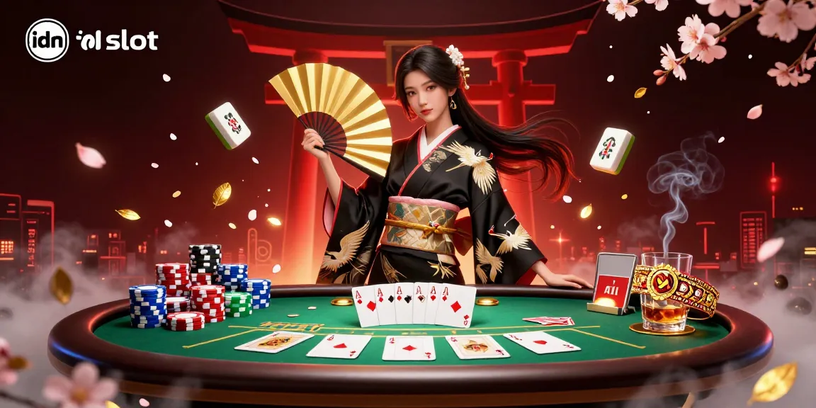 Experience thrilling idn slot play with a captivating Asian-themed casino scene featuring elegant characters and vibrant game elements.